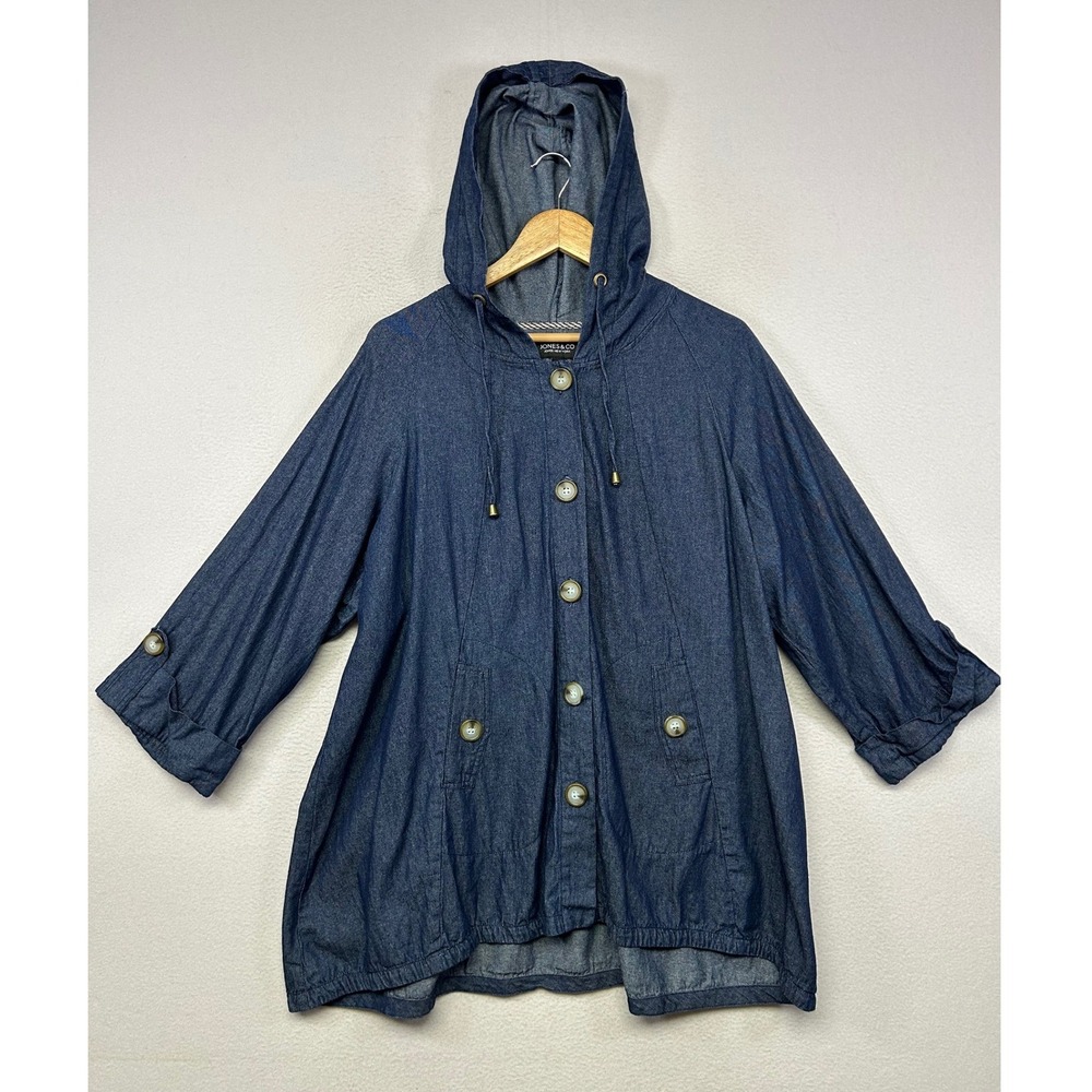 Coastal Grandma Jones New York Womens 1X Blue Denim Hooded Button Front Jacket